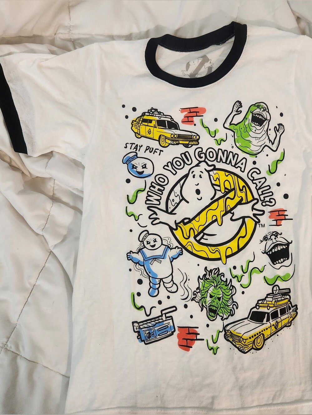 Universal White Ghostbusters Graphic Tee with Black Trim